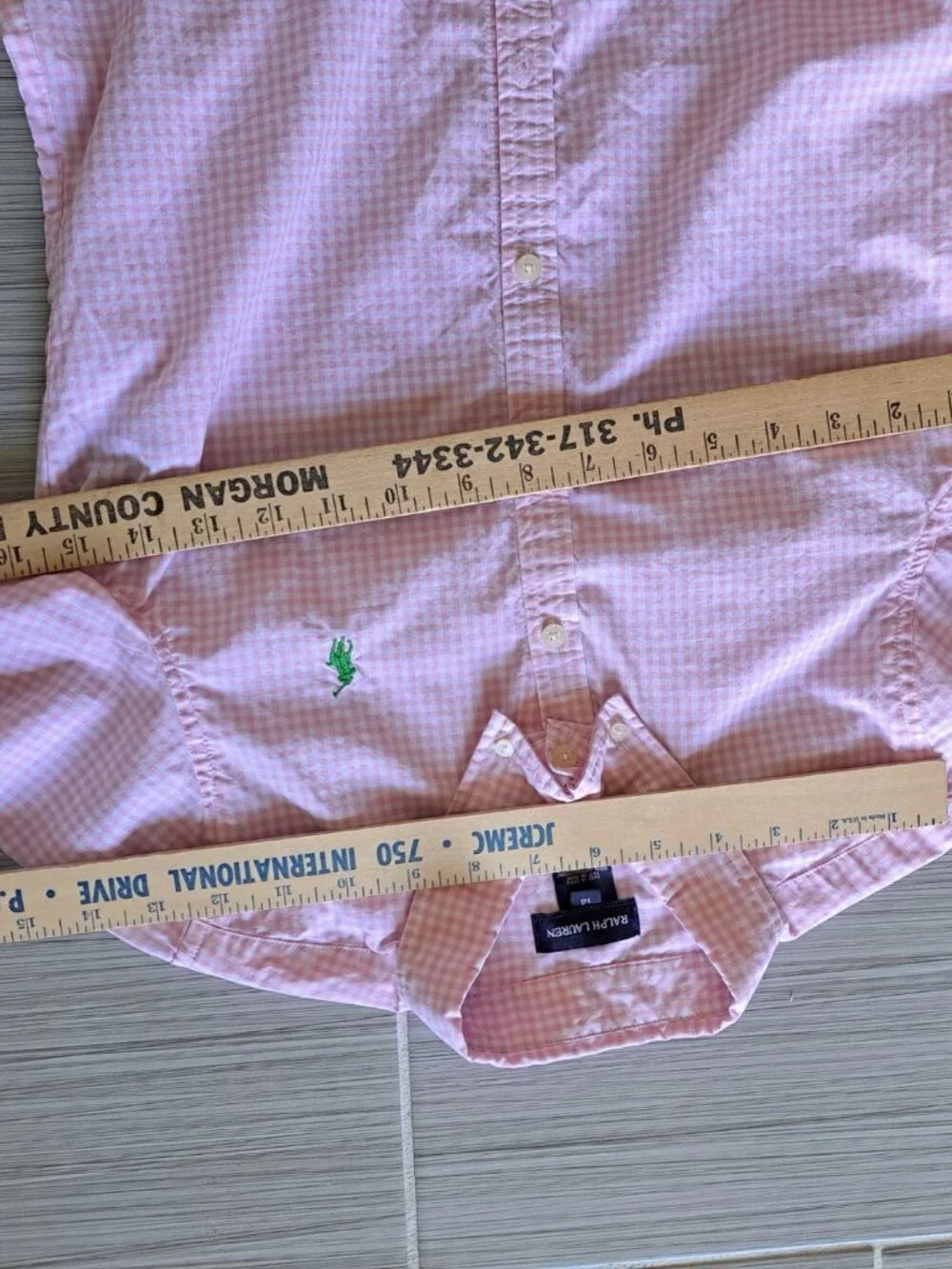 Ralph Lauren Girls Pink Gingham Button Dress 14 Cotton 3/4 Sleeves Green Logo